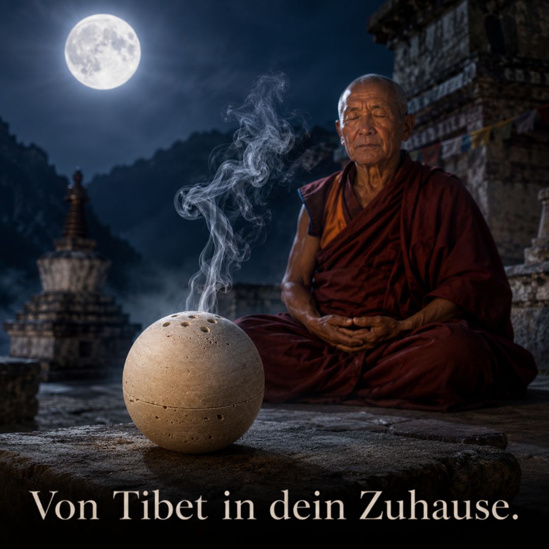 Tibetischer Mönch meditiert bei Vollmond neben der Travertin-Räucherkugel