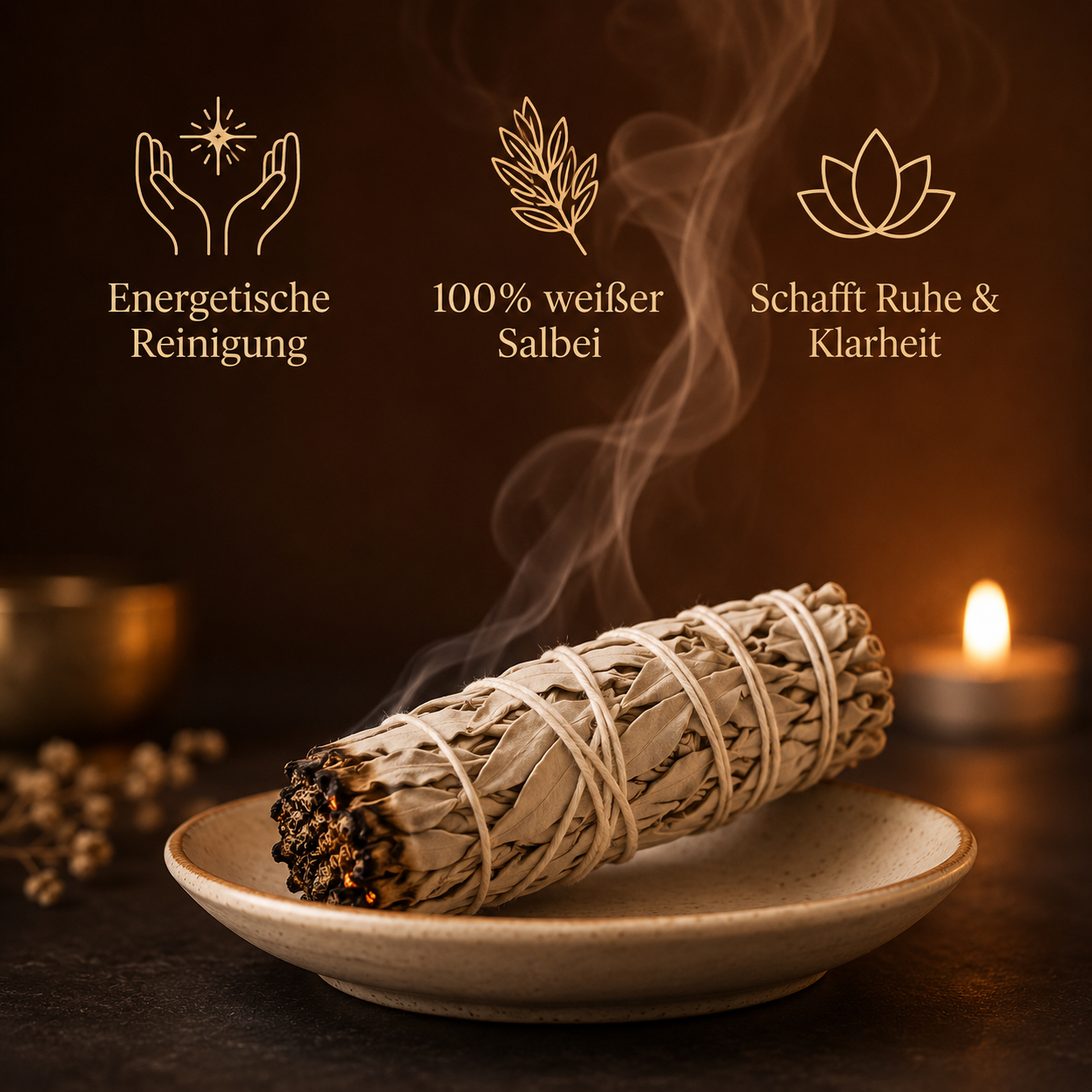 Smudge Stick aus weißem Salbei mit aufsteigendem Rauch