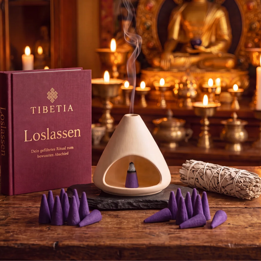 Das Loslass-Ritual Set von Tibetia – Räucherkamin, Workbook, weißer Salbei und Lavendel-Kegel
